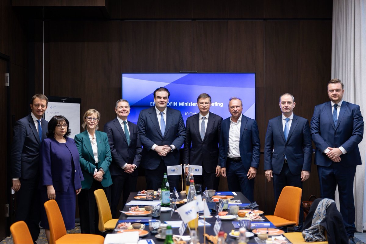 EPP's tweet photo. EPP Finance Ministers, chaired by @VDombrovskis and @Paschald, met today in Luxembourg to prepare the Economic and Financial Affairs Council agenda. They discussed on the digital euro, on simplification and on the latest @EU_Commission proposal for a Savings &amp; Investment Union. https://t.co/2RXjPsZl9B