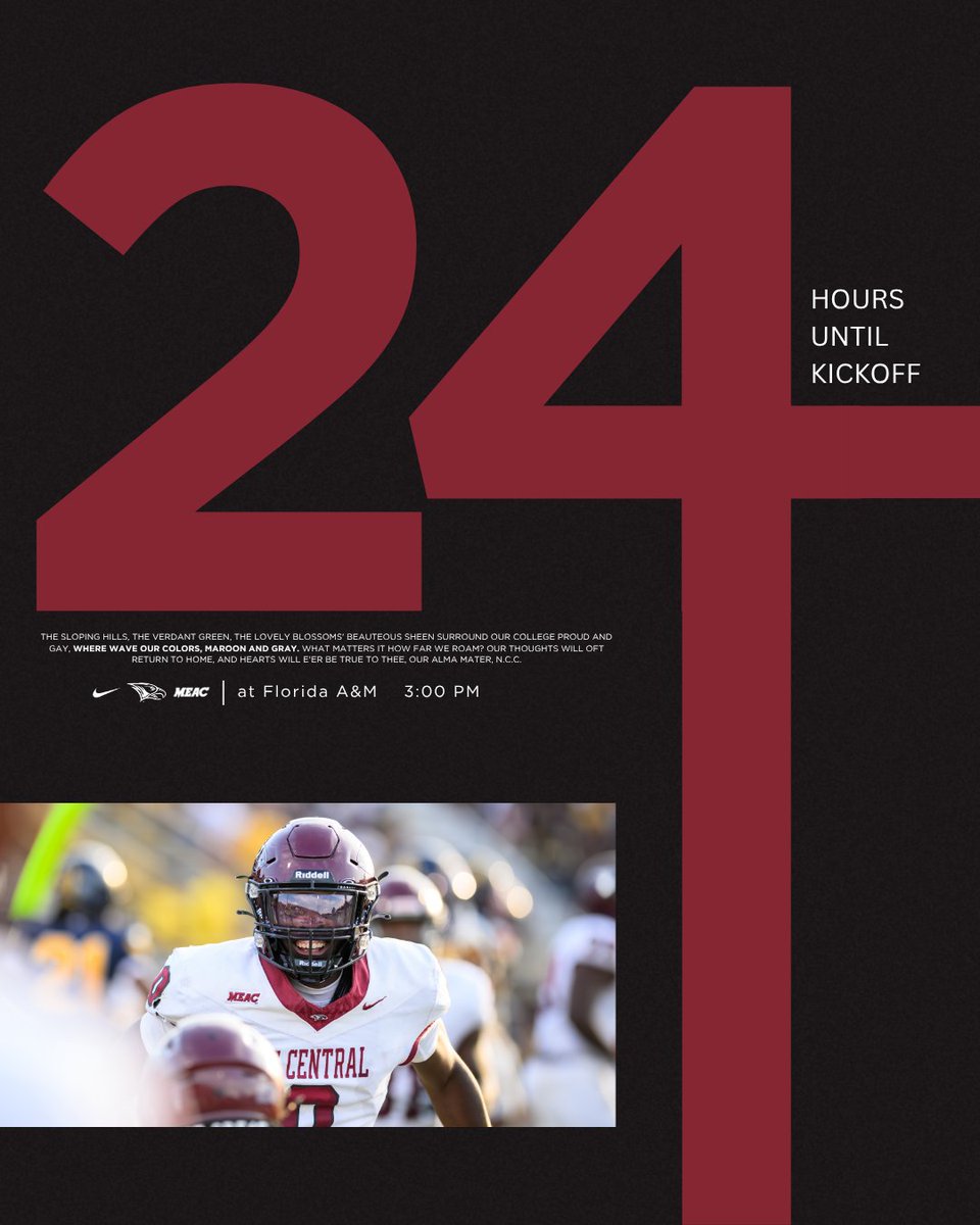 NCCUAthletics's tweet image. 24 hours until The Eagles kickoff in Tallahassee! 🦅
#CultureOverScheme #BeGreat #NCCUFootball #EaglePrideAmplified