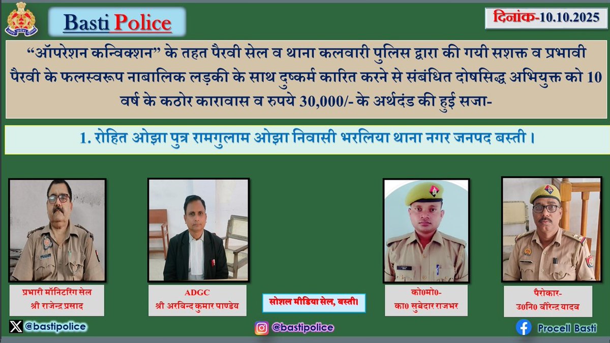 bastipolice's tweet image. #BastiPolice “ऑपरेशन कन्विक्शन” के तहत पैरवी सेल व थाना कलवारी पुलिस द्वारा की गयी सशक्त व प्रभावी पैरवी के फलस्वरूप नाबालिक लड़की के साथ दुष्कर्म कारित करने से संबंधित दोषसिद्ध अभियुक्त को 10 वर्ष के कठोर कारावास व रुपये 30,000/- के अर्थदंड की हुई सजा-