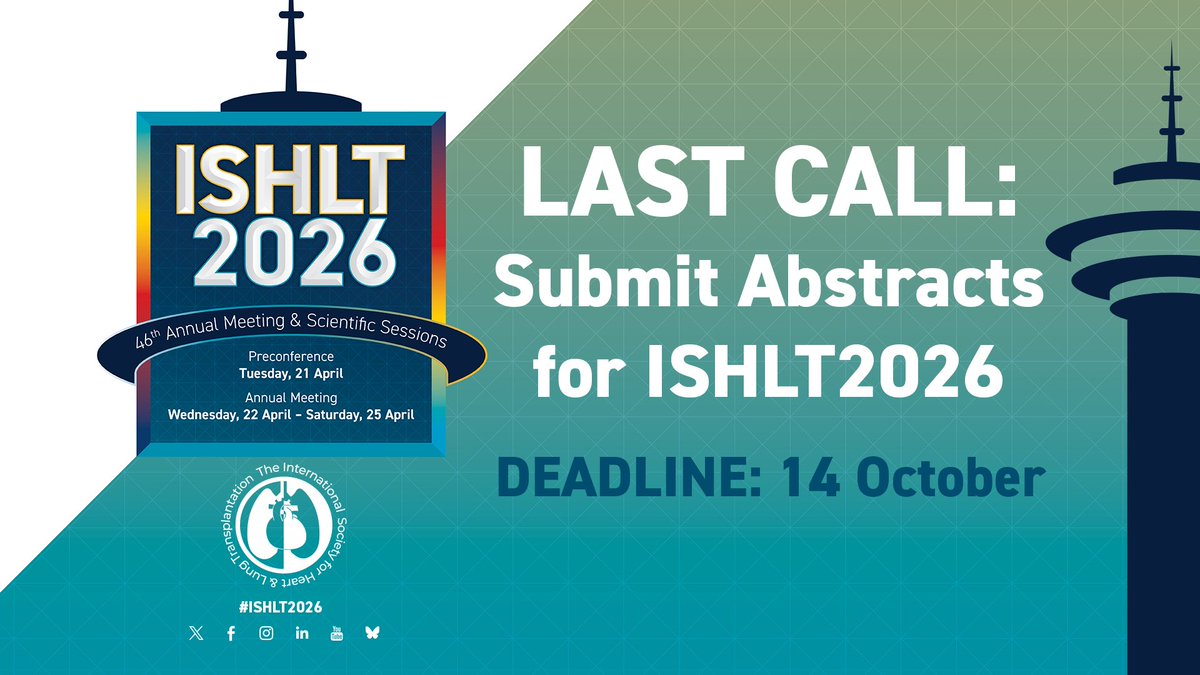 ISHLT's tweet image. ⏰ It's the last weekend to work on your #ISHLT2026 abstract submission! Don't delay - act now and get your submission in before Tuesday, 14 October at 11:59 p.m. EDT/03:59 UTC. 📝🫀🫁

Learn more at 🔗 bit.ly/4dLYGdn 

#HeartTx #LungTx #MCS #PVD #research #HeartFailure