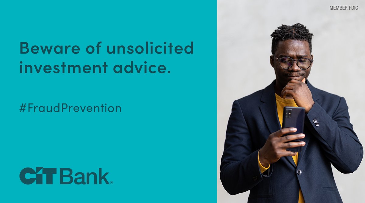 CITBank's tweet image. Beware of this common scam. Someone connects you with online, earns your trust and pitches an “investment opportunity,” often involving cryptocurrency. Many have lost real money to fake investments. Be skeptical! cit.com/cit-bank/resou…