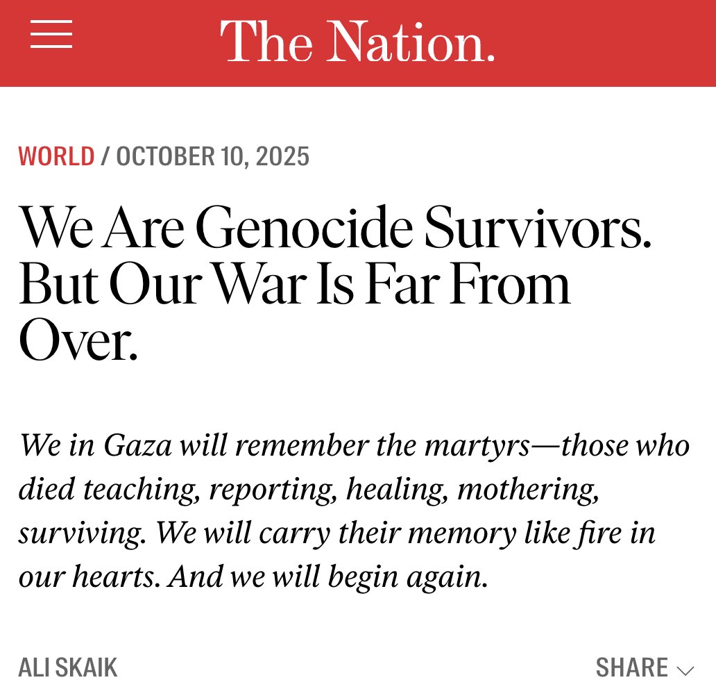 This extraordinary piece from Gaza by Ali Skaik about the ceasefire made me cry. It contains so much—joy,  grief, determination, love, sorrow, hope. Very proud to run it in <a href="/thenation/">The Nation</a> today. thenation.com/article/world/…