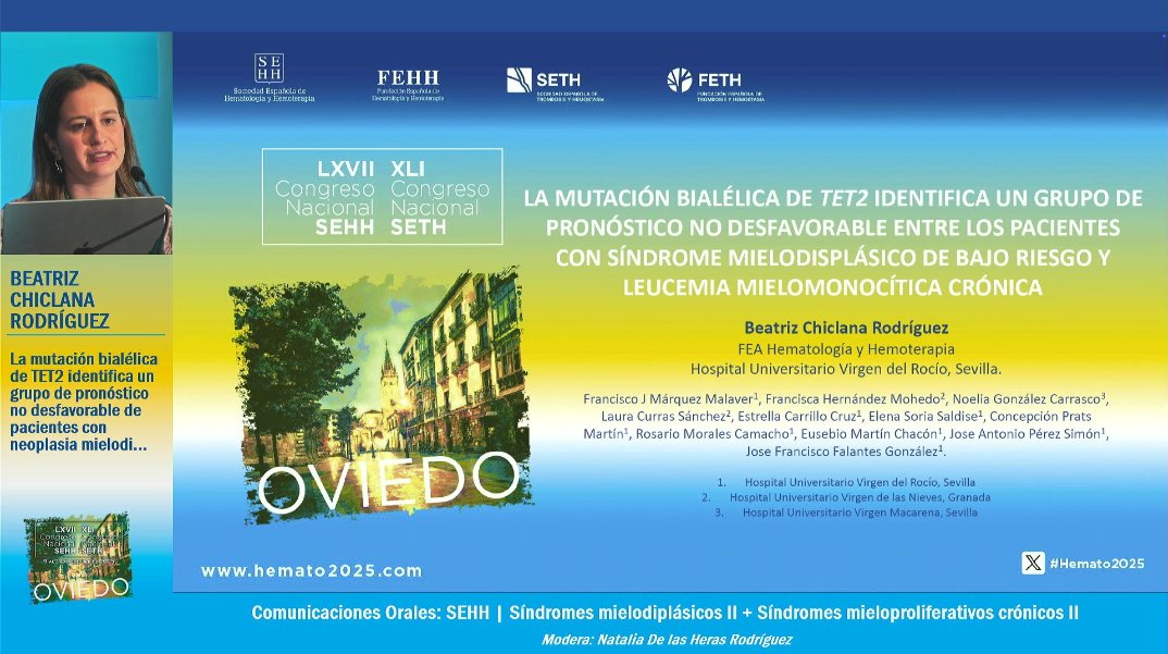 HematoHUVR's tweet image. Sesión de tarde en #Hemato2025
Presentación de los trabajos en #LMA y #SMD por parte  las investigadoras Rocío Calderón y Beatriz Chiclana de @HospitalUVRocio @ibis_sevilla cuyo objetivo es la mejora de los tratamientos actuales en ambas patologías
#SomosHUVR @sehh_es