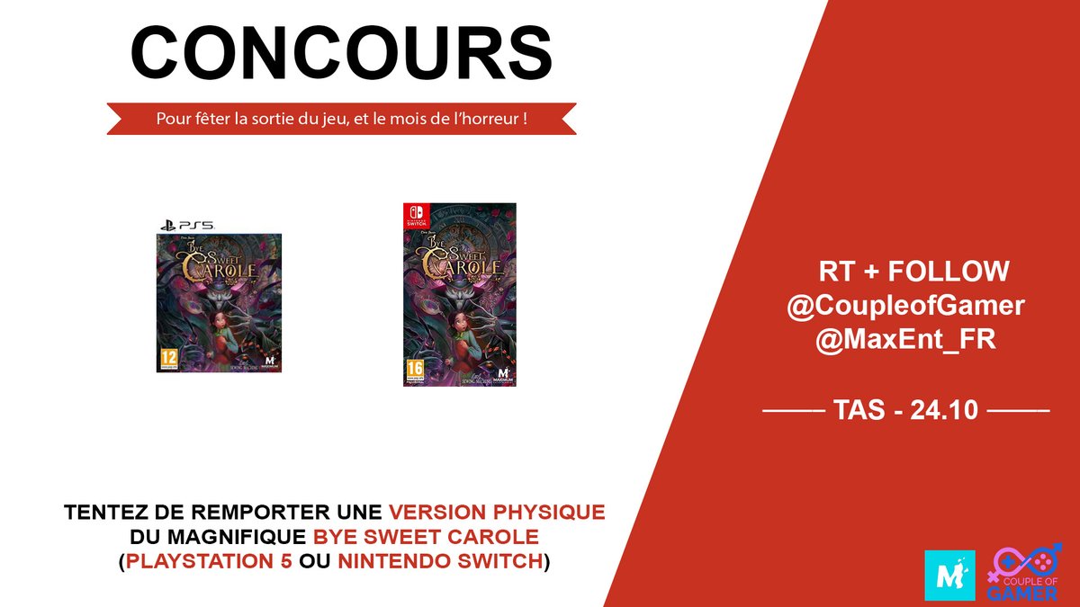 Couple of Gamer (@coupleofgamer) on Twitter photo #Concours
Pour fêter la sortie du jeu et le mois de l'horreur !
On vous fait gagner une version physique (#PlayStation5 ou #NintendoSwitch) du magnifique #ByeSweetCarole
Pour participer
RT + Follow
<a href="/CoupleOfGamer/">Couple of Gamer</a> + <a href="/MaxEnt_FR/">Maximum Entertainment France</a>
TAS le 24/10
🍀Bonne chance🍀
#CoG #Concours
Pour fêter la sortie du jeu et le mois de l'horreur !
On vous fait gagner une version physique (#PlayStation5 ou #NintendoSwitch) du magnifique #ByeSweetCarole
Pour participer
RT + Follow
<a href="/CoupleOfGamer/">Couple of Gamer</a> + <a href="/MaxEnt_FR/">Maximum Entertainment France</a>
TAS le 24/10
🍀Bonne chance🍀
#CoG