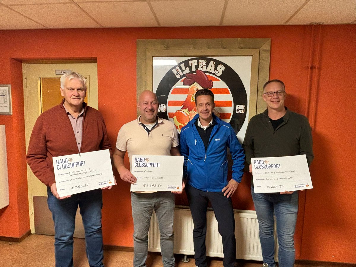 Vereniging, stichting en club van honderd v.v. Emst bedanken Rabobank en stemmers voor mooie RaboClubSupport actie opbrengsten. Zie: vvemst.nl/1/6218/verenig…