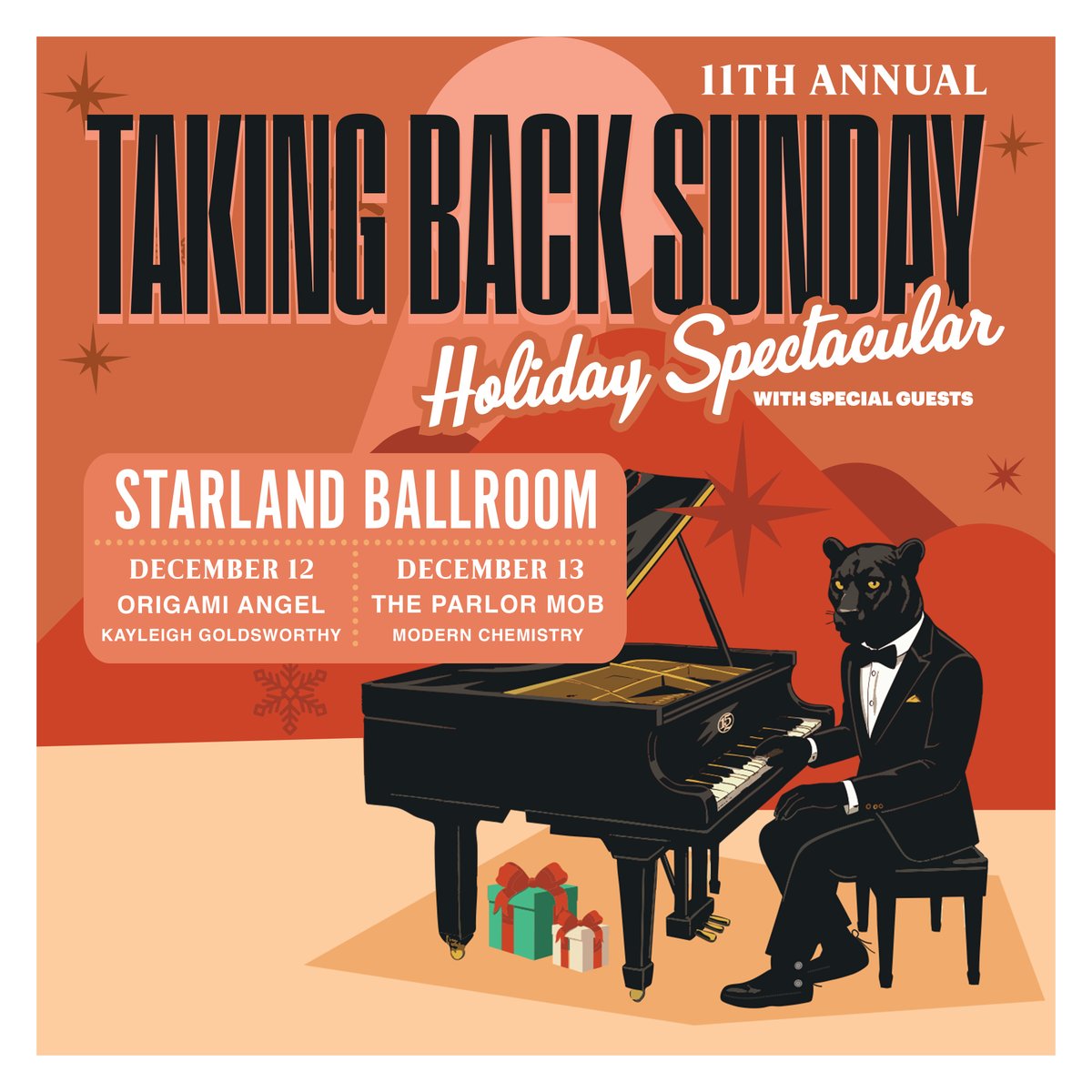 The support is STACKED for the best weekend of the year!

Joining <a href="/TBSOfficial/">Taking Back Sunday</a> for their 11th Annual Holiday Spectacular this year:

Friday: <a href="/GAMIGANG/">Origami Angel</a> &amp; Kayleigh Goldsworthy
Saturday: <a href="/theparlormob/">The Parlor Mob</a> &amp; <a href="/modernchemistry/">modern chemistry</a> 

Tix for both shows are flying, tis’ the season baby!