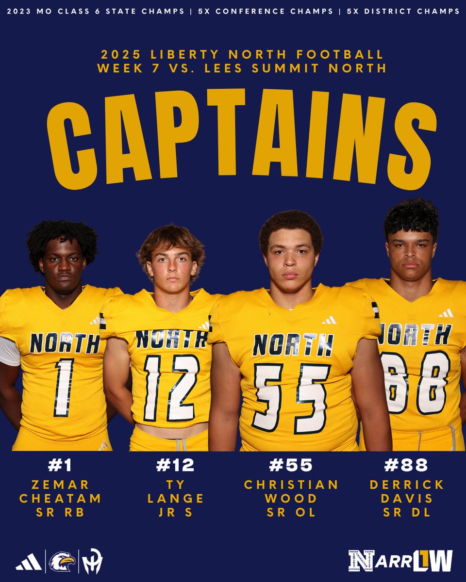 WEEK 7 — CAPTAINS

• #1 Zemar Cheatam, SR, RB
• #12 Ty Lange, JR, Safety
• #55 Christian Wood, SR, OL
• #88 Derrick Davis, SR, DL

#NarrOW /// WAR 🦅