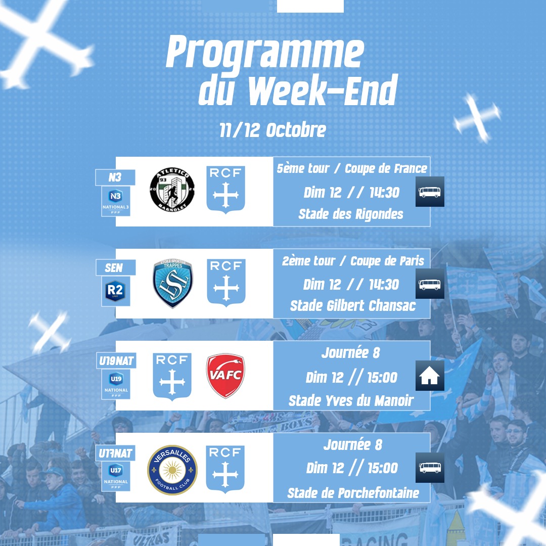 racing_cff's tweet image. Le #ProgrammeDuWeekEnd des équipes #N3 #U19NAT #U17NAT et des autres sections du Racing Club de France Football 🔵⚪️

#AllezRacing #RCF