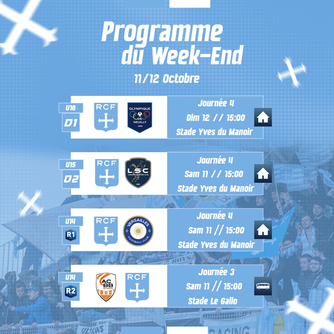 racing_cff's tweet image. Le #ProgrammeDuWeekEnd des équipes #N3 #U19NAT #U17NAT et des autres sections du Racing Club de France Football 🔵⚪️

#AllezRacing #RCF