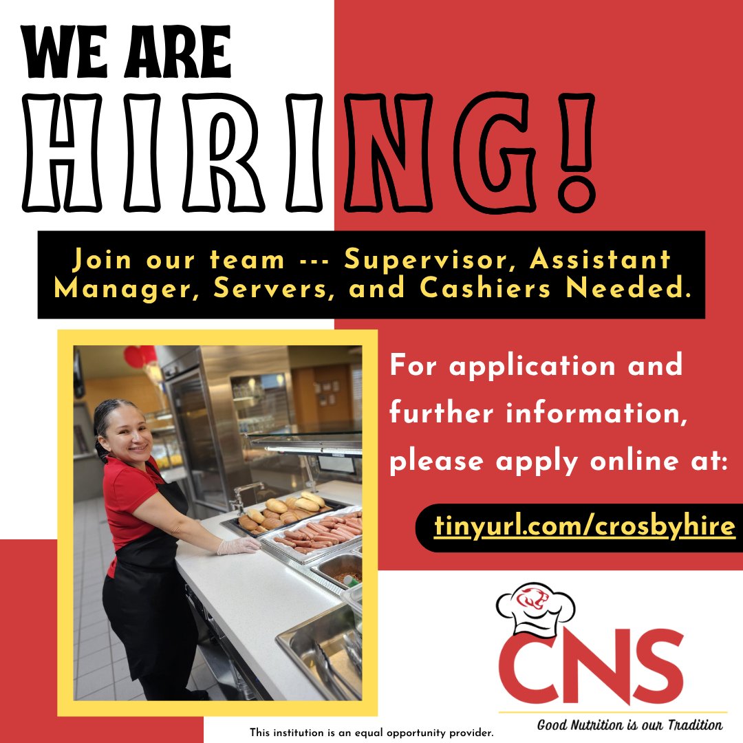 Are you hard-working, dedicated and just plain awesome? 🤩 We are currently seeking the right candidate for our child nutrition team.

Apply now: crosbyisd.schoolspring.com

<a href="/CrosbyISD/">Crosby ISD</a> #committedtostudents #cougarpride #bettertogether #Crosbytx #Crosbytexas #Crosby #txschools
