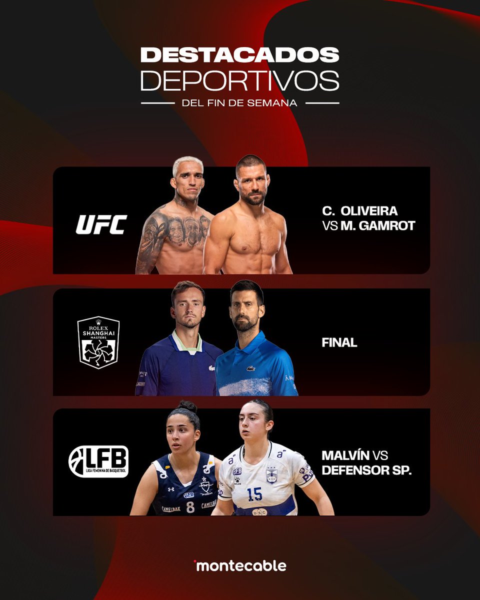 montecableuy's tweet image. ¡𝗙𝗶𝗻𝗱𝗲 𝗱𝗲 𝗨𝗙𝗖, 𝗔𝗧𝗣 𝘆 𝗟𝗙𝗕! 🔥

🥊 El brasilero Charles Oliveira se enfrenta al polaco Mateusz Gamrot
🎾 Final masculina en el ATP de Shangai
🏀 Final 3 entre Malvin y Defensor

Viví todo el deporte en Montecable y MCGoLive