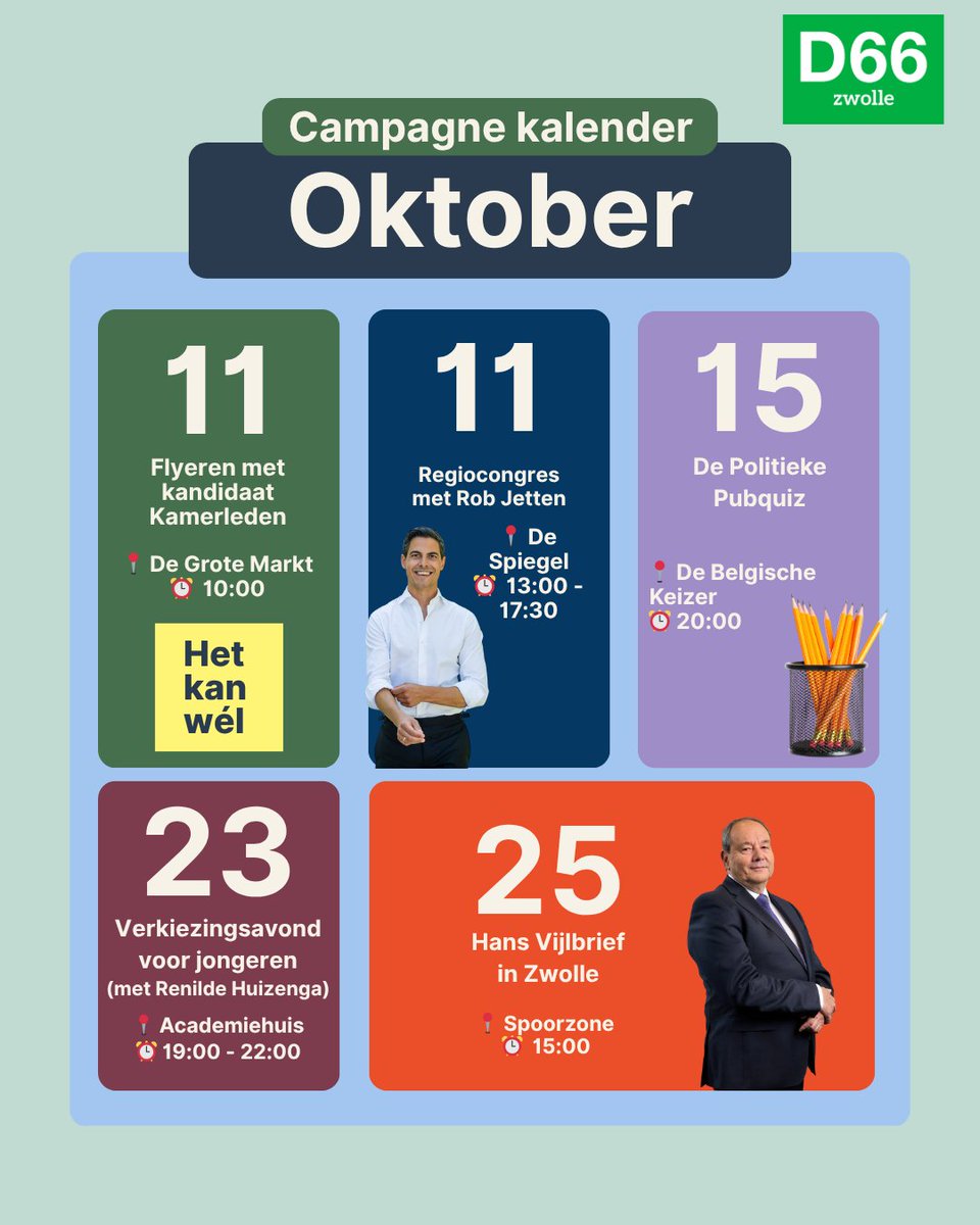 D66Zwolle (@d66zwolle) on Twitter photo Er is genoeg te doen in Zwolle in aanloop naar de verkiezingen! Zien we jou ook bij een van onze activiteiten deze maand? 💚 #D66 #zwolle #politiek #verkiezingen Er is genoeg te doen in Zwolle in aanloop naar de verkiezingen! Zien we jou ook bij een van onze activiteiten deze maand? 💚 #D66 #zwolle #politiek #verkiezingen