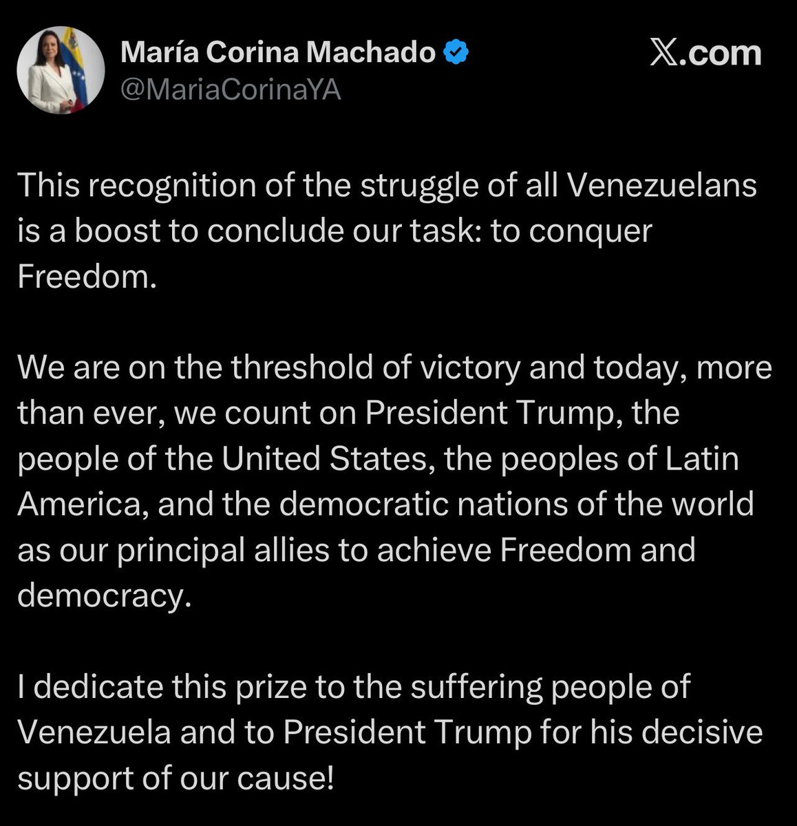 SpencerHakimian's tweet image. BREAKING: Nobel Peace Prize winner María Corina Machado dedicates her award to Trump.