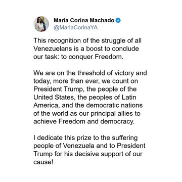 First image shows Maria Corina Machado smiling in formal attire with a blue checkmark and her Twitter handle. Second image depicts Donald Trump smiling with blonde hair, wearing a suit, white shirt, red tie, and standing near white flowers on a blue background. Third image displays a gold Nobel medal in a blue case, featuring a profile of Alfred Nobel with beard, engraved dates MDCCCXXXIII to MDCCCXCVI, and text ALFRED NOBEL.