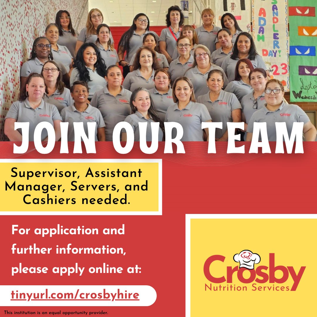 The perfect career for those who love to work with children is in our cafeteria! 🍎 

Apply today: crosbyisd.schoolspring.com

<a href="/CrosbyISD/">Crosby ISD</a> #committedtostudents #cougarpride #bettertogether #Crosbytx #Crosbytexas #Crosby #txschools