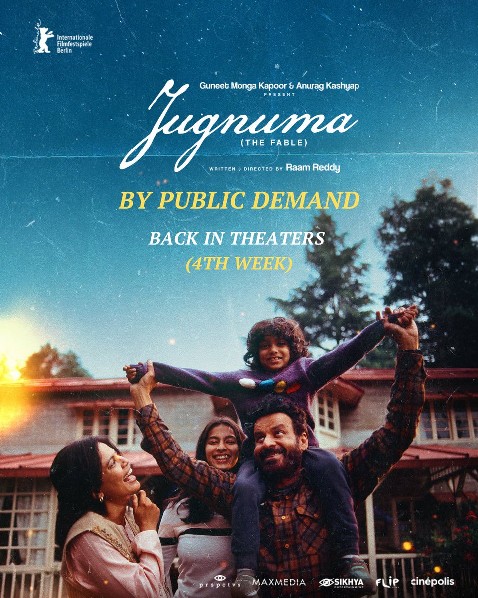 BajpayeeManoj's tweet photo. Onto its 4th week in cinemas and going strong! 💪
Watch #Jugnuma now!

#RaamReddy @Deepakdobriyaal @priyankabose20 @TillotamaShome @SidhuHiral @guneetm @anuragkashyap72 @CinemaKasam @aachinjain @MaxMediaSai @OhFlipFilms @sikhyaent @IndiaCinepolis @NNNbeso https://t.co/uT0Tk2bJTb