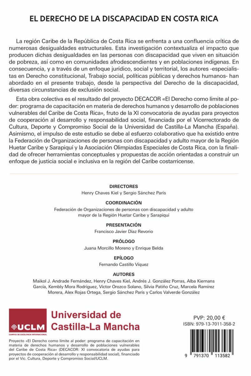 🗓️ Hoy, 10 de octubre, se publica la obra colectiva «El Derecho de la discapacidad en Costa Rica: la situación de pobreza extrema en la región del Caribe», editada por COLEX, la cual tengo el honor de codirigir.