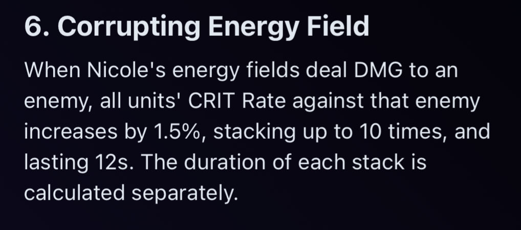 ZZZcritrate's tweet photo. Day 3: Nicole Demara

Nicole does not innately require crit rate. Notable sources of her giving crit rate include her M6 (up to 15% against enemies debuffed by her energy fields) and the battle pass engine Unfettered Game Ball, which can give 12-20% based on the refine level https://t.co/xUgC3ioZJQ
