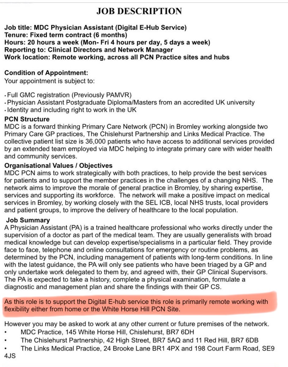 AlisonGeorge10's tweet photo. 1/4 Is this a joke @NHSE_WTE @PrimaryCareNHS?
“As this role is to support the Digital E-hub service the role is primarily remote working w/ flexibility either from home or the PCN site.”
However much you try to pretend otherwise @wesstreeting, PAs are NOT medically trained & ➡️ https://t.co/5VDcjwEbPJ