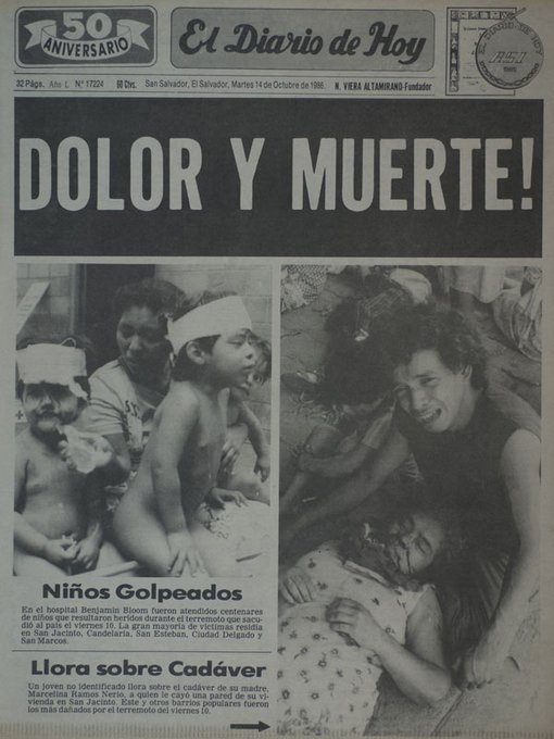 10/10/1986. Se produjo un terremoto grado 5.7 a las 11:49 a.m. que destruyó el Centro de San Salvador. Se desplomó el edificio Rubén Darío. El epicentro se localizó en Los Planes de Renderos con una profundidad de 5.4 km. La cifra de muertos fue de 1,500 y 200,000 damnificados.