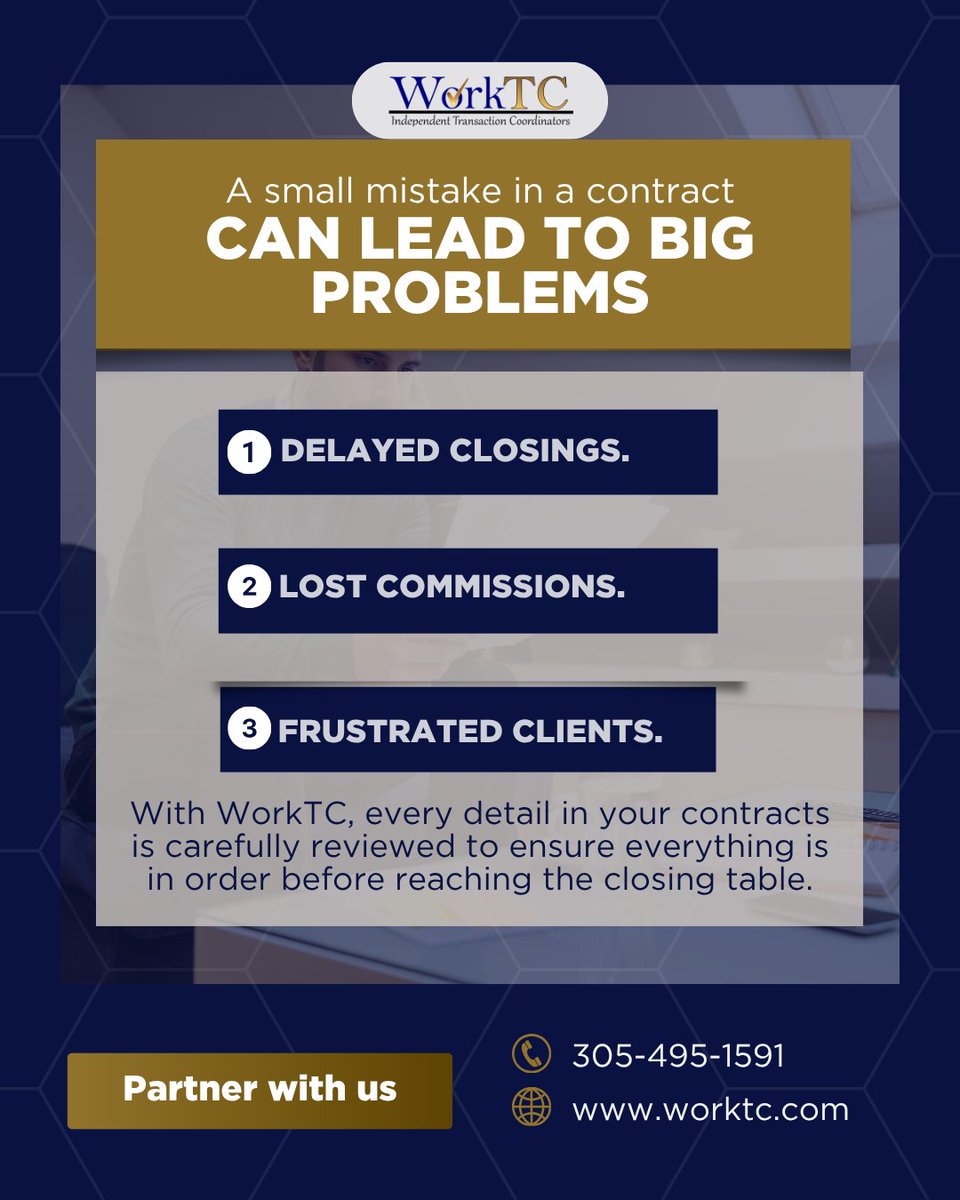 WorkTC_com's tweet image. 🔍 Errors in contracts? Year-end deadlines make it worse!

✅ WorkTC reviews every document to:
1️⃣ Prevent costly mistakes.
2️⃣ Meet critical deadlines.
3️⃣ Keep transactions on track.

🎄 Close the year stress-free!
📞 Call 305-495-1591 or visit worktc.com
#RealEstate
