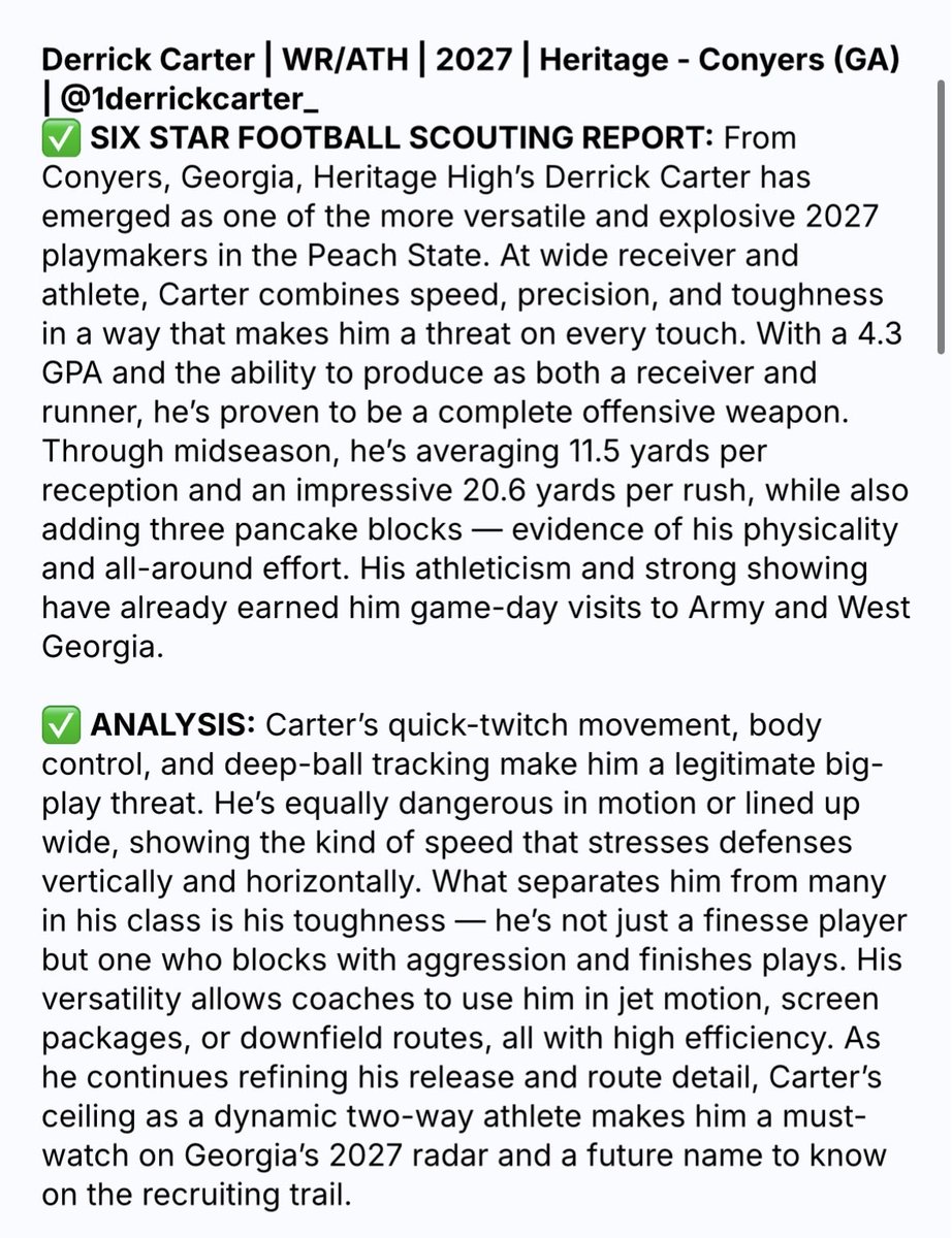 Thank you <a href="/sixstarfootball/">Six Star Football | PLUS+</a> for the write up and evaluation!!
<a href="/HeritageAD5/">Heritage High School Athletics (Conyers)</a> 
<a href="/RecruitGeorgia/">Recruit Georgia</a>
<a href="/QuincyLCarter/">QUINCY CARTER</a>