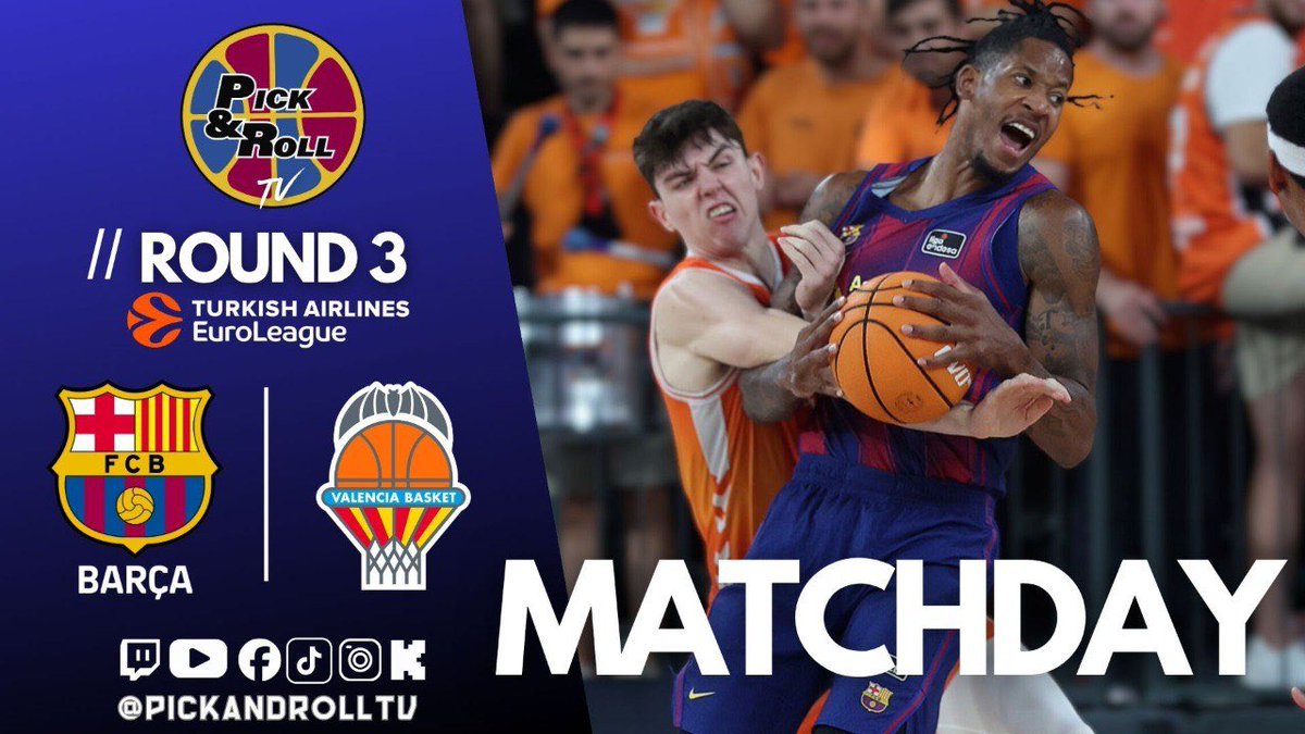 🏀 MATCHDAY 

📆 <a href="/EuroLeague/">EuroLeague</a> ROUND 3

⏰ A partir de las 19:45h, en Pick And Roll TV:  

🔵🔴 BARÇA BASKET
vs
🟠🟠 VALENCIA BASKET

📺 Vívelo con nosotros en:  

🔴 youtube.com/@pickandrolltv  
🟣 twitch.com/pickandrolltv  
🟢 kick.com/pickandrolltv  
⚫️ tiktok.com/@pickanrolltv