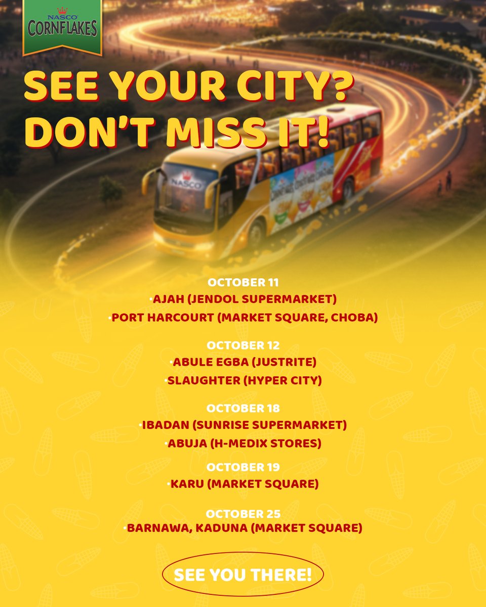 🎉 The 100% Cornflakes. 100% Thrill. tour is coming your way!
 Join the fun this October — tastings, games, giveaways &amp; more! 🥳

#NascoCornflakes #WholeFlaked #Tasty #Crunchy #Nutritious