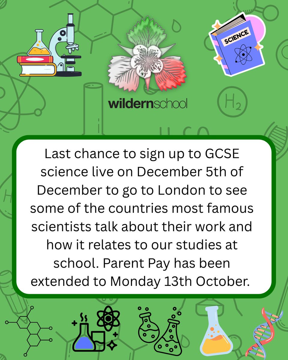 wilderntrips's tweet photo. "Last chance to sign up to GCSE science live on December 5th of December to go to London to see some of the countries most famous scientists talk about their work and how it relates to our studies at school. Parent Pay has been extended to Monday 13th October. " https://t.co/nehH0ajhHu