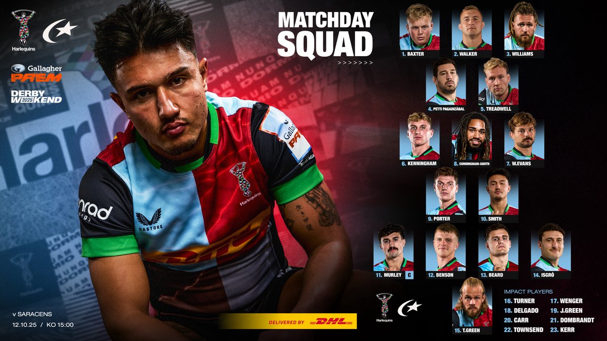 Harlequins's tweet image. Your Starting XV for the London Derby 🔥

✨ Smith &amp;amp; Isgró start
©️ Murley Captain
🃏 First appearance for Petti &amp;amp; Wenger

📲 quins.co.uk/Article/team-n…

✈️ Delivered By @DHLRugbyUK

#COYQ | #HARvSAR