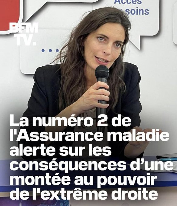 A woman with long brown hair wearing a dark blazer speaks into a handheld microphone while seated at a table in a studio setting. The background features a BFM TV logo and text panels including Acces and sois. Overlaid text in French reads La numero 2 de lAssurance maladie alerte sur les consequences dune monte au pouvoir de lextreme droite.