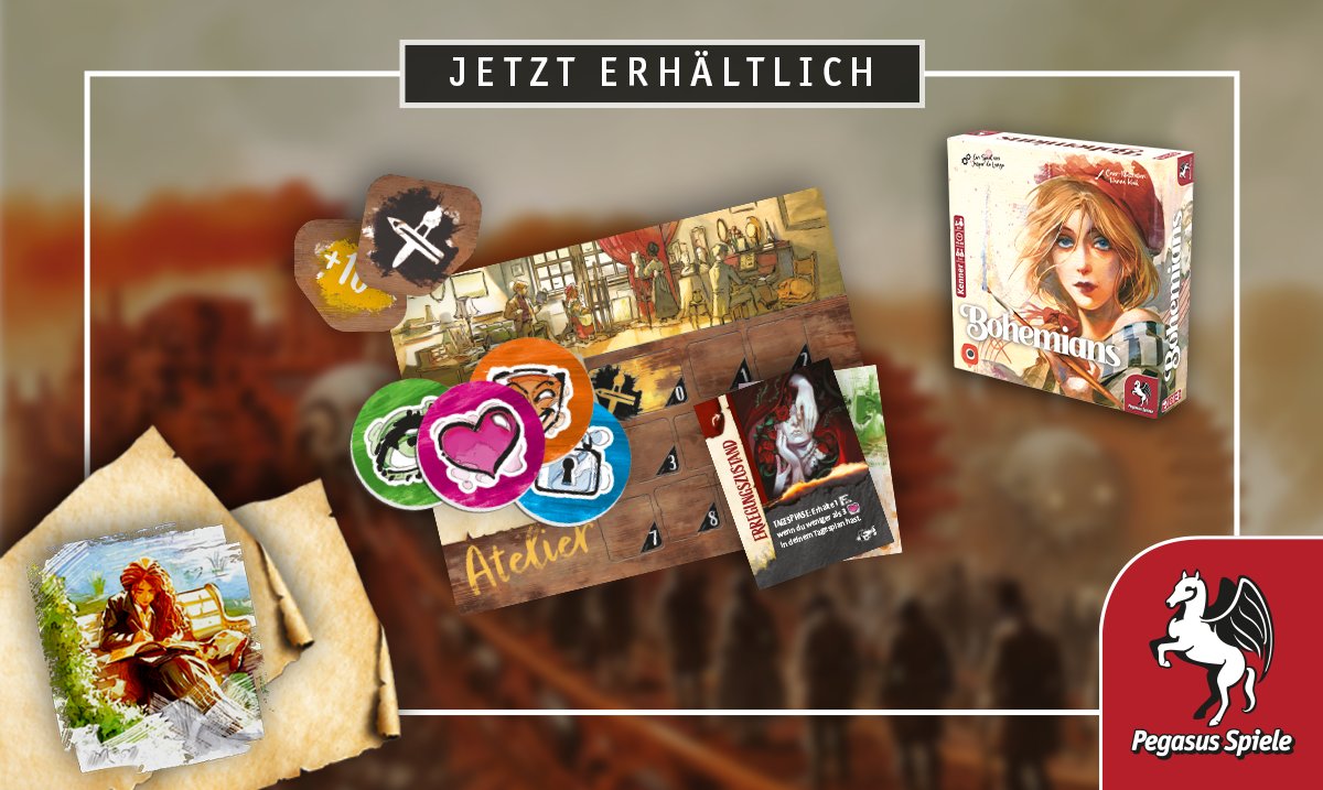 In BOHEMIANS vollführt ihr als Künstler*in einen Balanceakt zwischen Arbeit &amp; der Suche nach Inspiration. Legt clever eure Karten auf euer Tagesplan-Tableau, sammelt Inspiration und verbessert euer Deck. Geht ihr nicht arbeiten, erhaltet ihr eine Leidenskarte. Jetzt erhältlich!