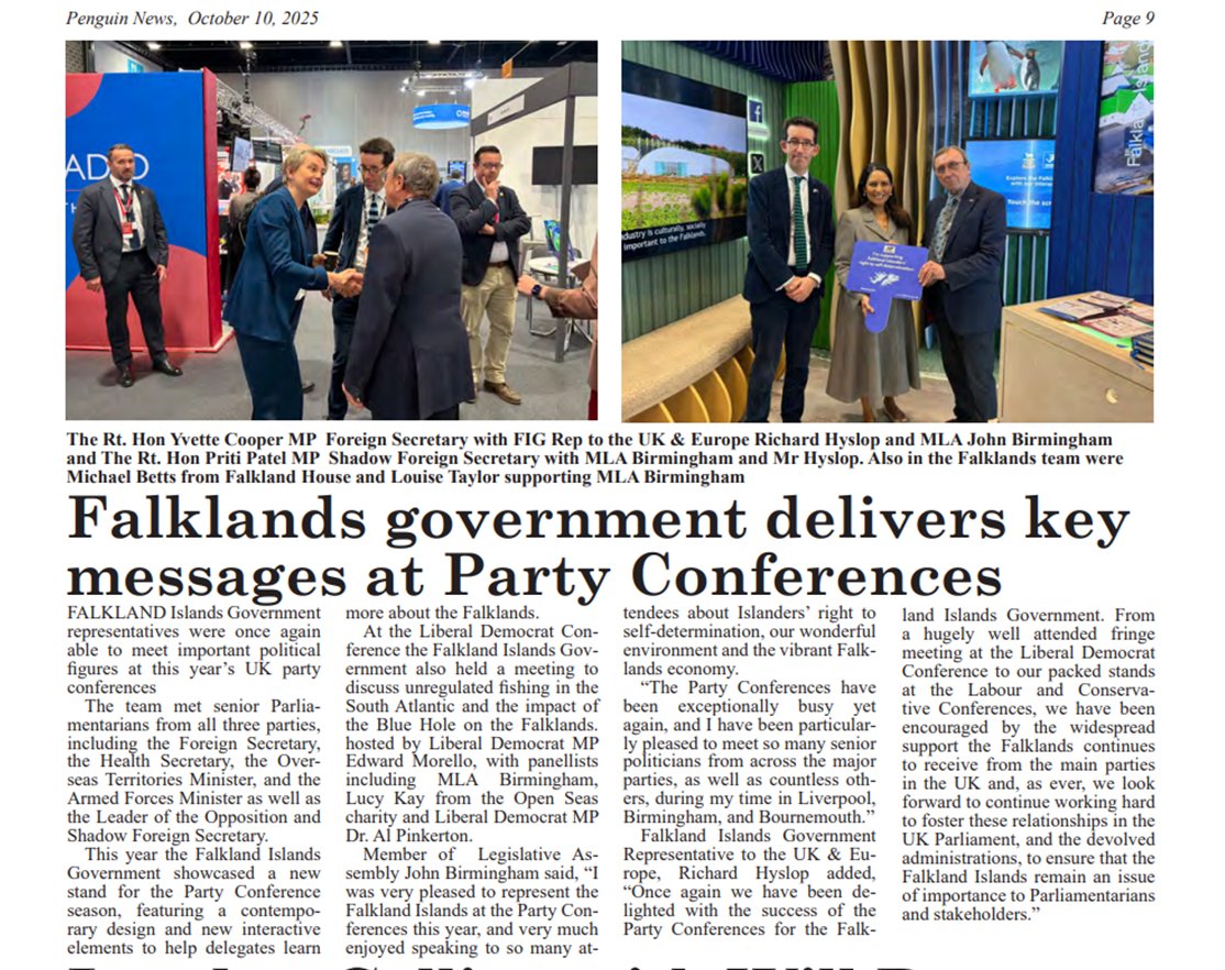 Great <a href="/PenguinNewsFI/">Penguin News</a> coverage of <a href="/FalklandsGov/">Falkland Islands Gov</a> attendance at this year's 🇬🇧 party conferences. This conference season has been really positive for 🇫🇰, with so much constructive engagement with senior politicians and members from the 🇬🇧 three main political parties! #Falklands