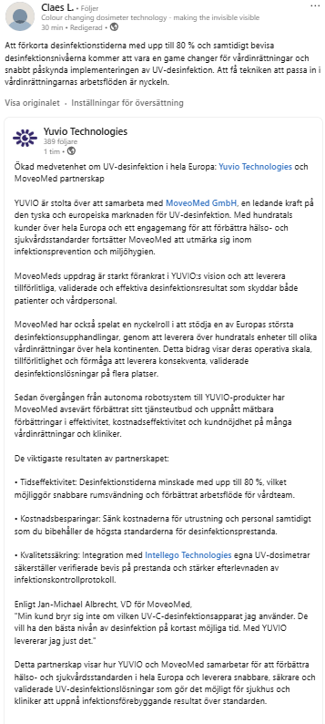 downbymoney's tweet photo. Starkt besked från Yuvio 👏 Partnerskapet med MoveoMed visar verkligen att Intellegos teknik gör skillnad på riktigt, effektivare, billigare och bättre UV-desinfektion i hela Europa. Claes svarade också på detta, kul att se ledningen aktiv!
#INTST #Intellego #Yuvio #linkedin https://t.co/UbEhIL1A2d