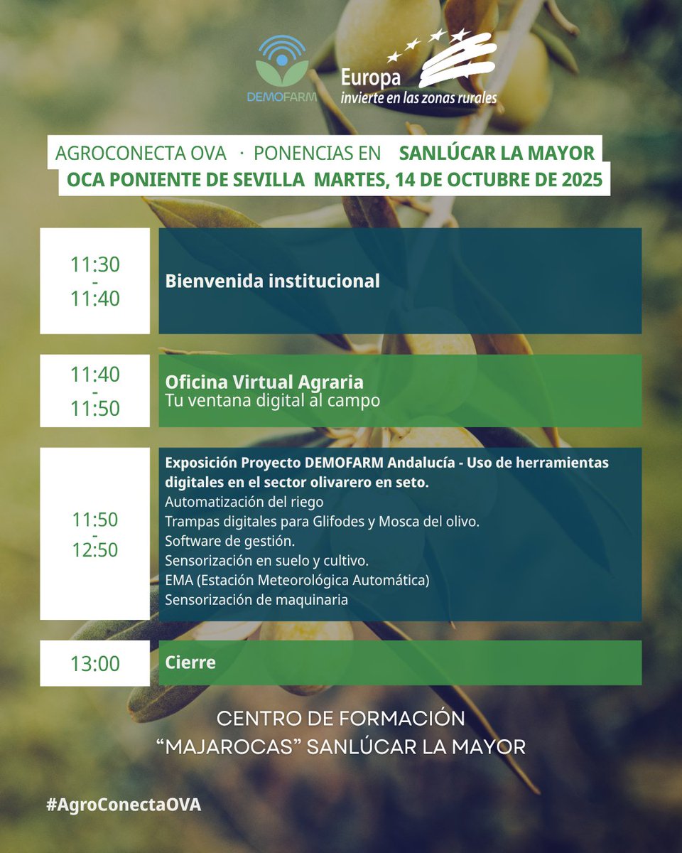 OVAAndalucia's tweet photo. 🟢 #AgroConectaOVA llega a Sanlúcar La Mayor para mostrar cómo las herramientas digitales pueden transformar la gestión de las explotaciones de olivar en seto.
🗓️ Martes 14/10 · 11:30H
👉 Inscríbete aquí:https://t.co/TSGAjEBW5z https://t.co/XEUstA7ill