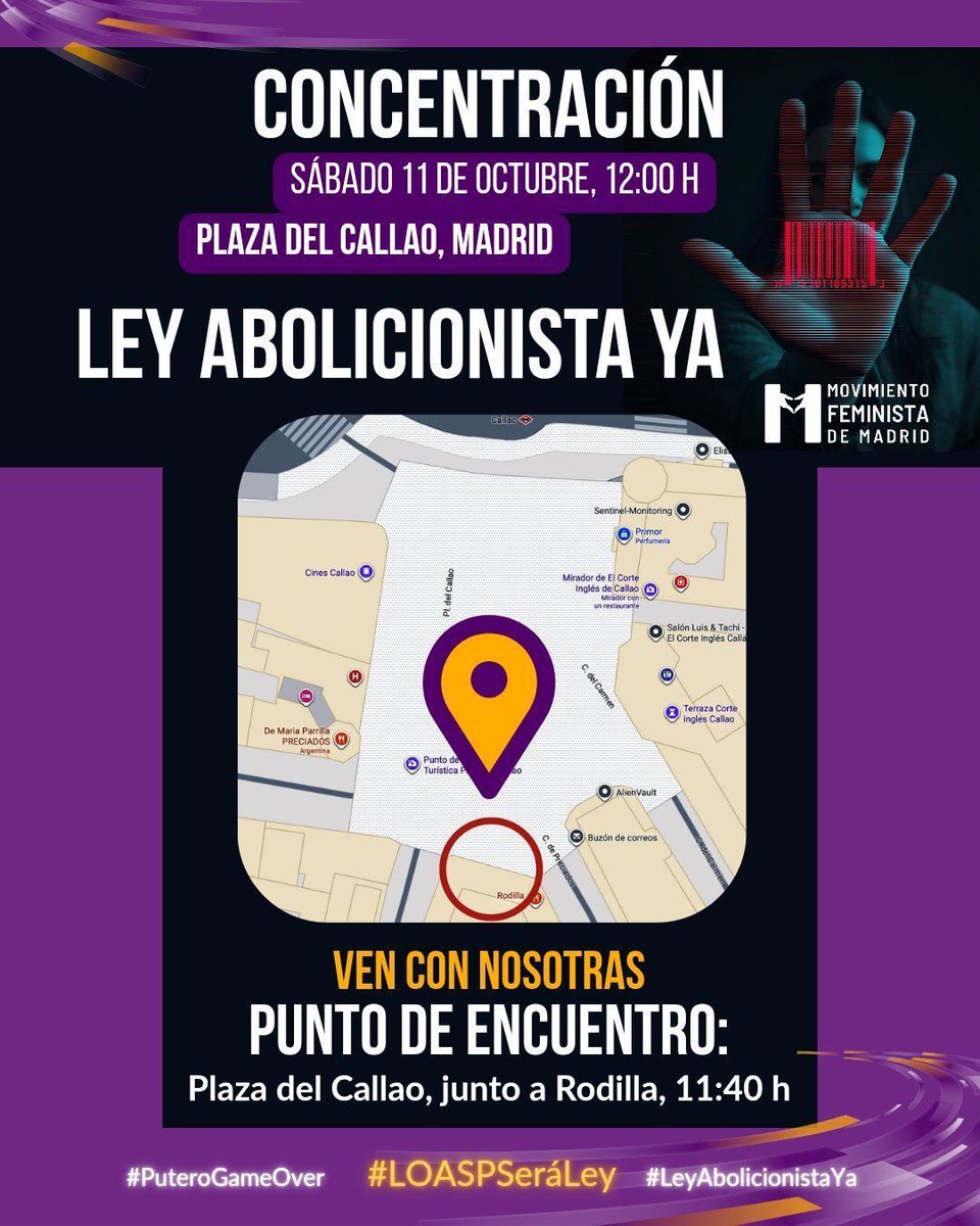 Recuerda que tenemos un punto de encuentro para ir juntas a la concentración por la Abolición de la Prostitución el 11 de octubre. Si vienes sola o con amigas, ¡allí te esperamos! Podrás conocer mujeres de ideas afines y a las organizaciones. 
#LOASPSeráLey #LeyAbolicionistaYa