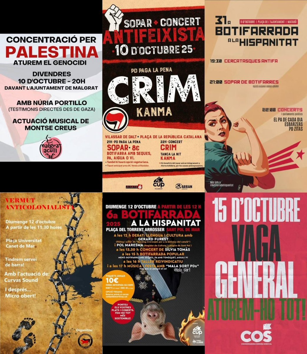 Dies de moviment al Maresme!
AVUI
👉🏽Concentració per Palestina a Malgrat
👉🏽Sopar i concerts antifeixistes a Vilassar de Dalt

DEMÀ
👉🏽31ª Botifarrada a la Hispanitat a Mataró

DIUMENGE
👉🏽Vermut anticolonialista a Canet
👉🏽6ª Botifarrada a la Hispanitat a Sant Pol

15O: Vaga! 🇵🇸