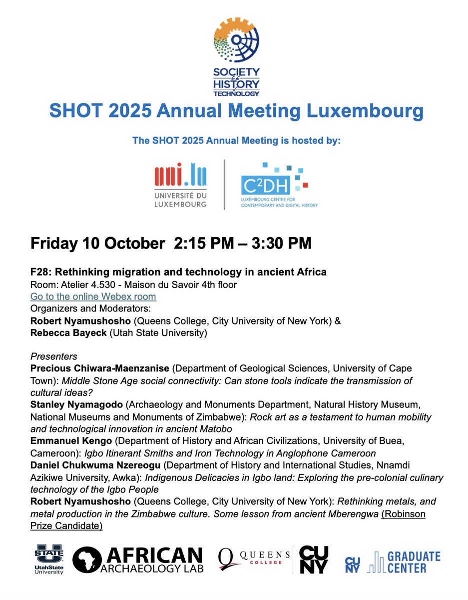 📣 Join us today for our session on "Rethinking migration and technology in ancient Africa" at the 2025 Annual Meeting of the Society for the History of Technology (SHOT) in Luxembourg!
📍 Location: Room: Room: Atelier 4.530 - Maison du Savoir 4th floor.
🕘 2:15–3:30PM#SHOT2