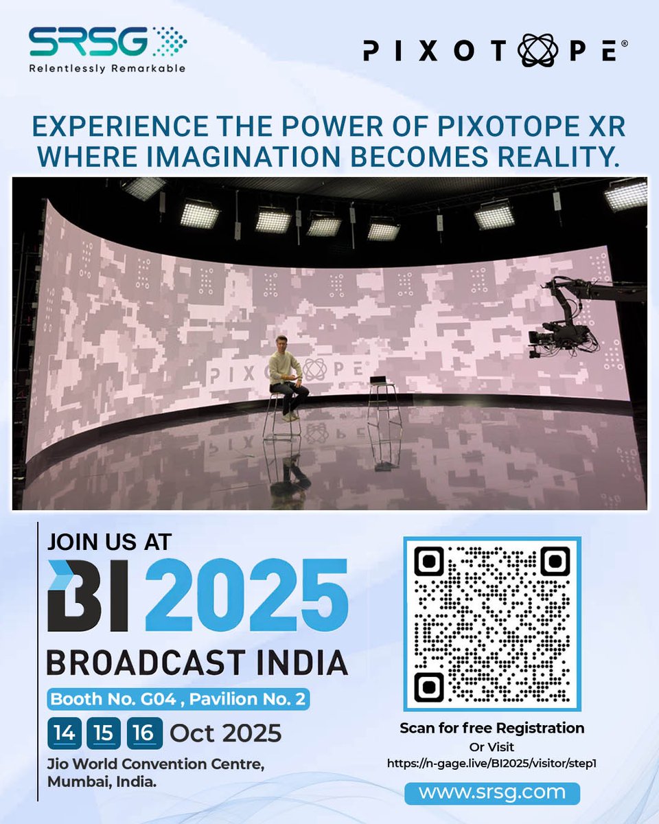 Step into a new era of visual storytelling with Pixotope XR — where real and virtual worlds blend to create immersive broadcast experiences.

See it live at Broadcast India 2025, Booth G04, Pavilion 2.

...
#PixotopeXR #BroadcastIndia2025 #SRSG