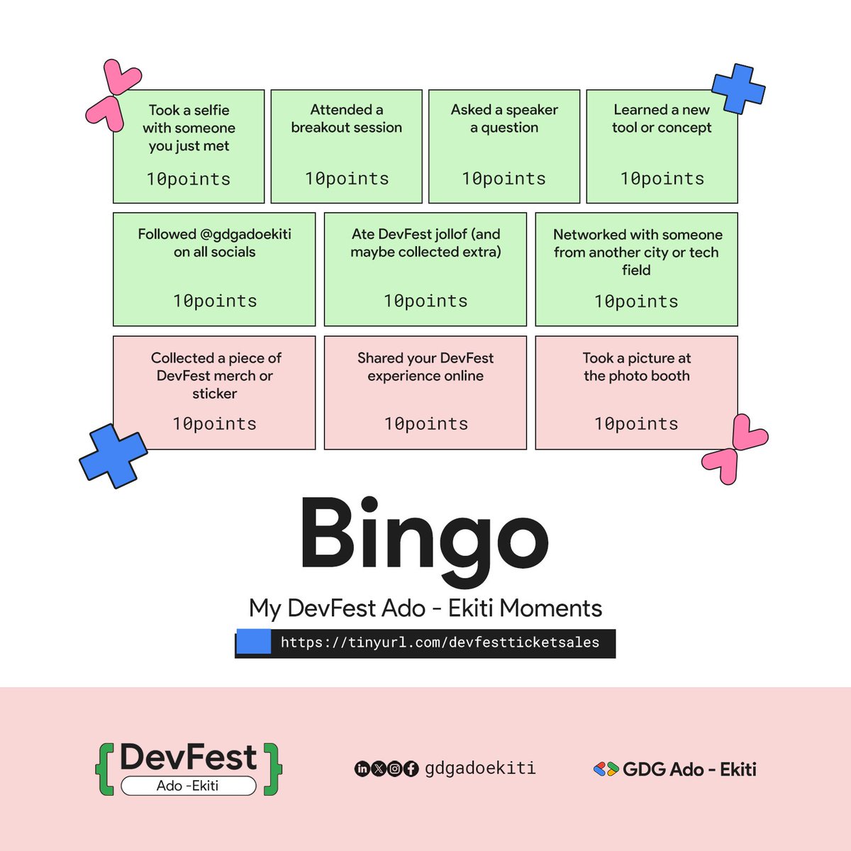 gdgadoekiti's tweet photo. Did you eat the Jollof? Take selfies? Ask questions? 😎
Let’s see how many #DevFestBingo boxes you can check ✅
💚 Each one = 10 points!
Be part of the fun this year 👉 https://t.co/6yXKaoJ5lq…
#DevFest2025 #DevFestAdoEkiti2025 #gdgadoekiti #TechVibes https://t.co/IYTXWeYKTP