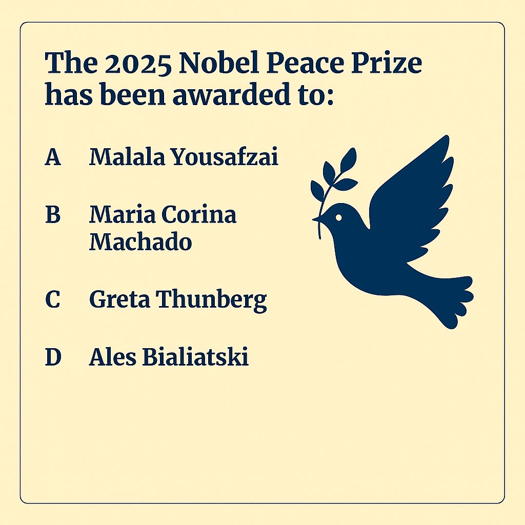 cematerial's tweet image. Nobel Prize Winners 2025 🔔🔔🔔:

Who has been awarded the Nobel Peace Prize for 2025?

#currentaffairs #nobelprize2025
#UPSC  #SSC #UPSCPrelims2026 #Competitiveexams