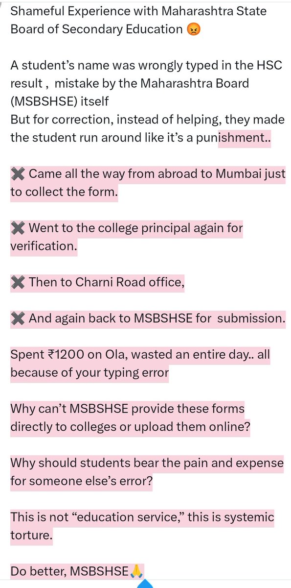 prajapatisbp's tweet image. @msbshse @htedu_ @EduMinOfIndia @MahaDGIPR @CMOMaharashtra @Dev_Fadnavis 
विद्यार्थ्यांची चूक नाही, तरी शिक्षा त्यांनाच- MSBSHSE जागं होणार कधी?
एक नाव दुरुस्तीसाठी इतकी धावपळ? हीच का शिक्षण व्यवस्था !
बोर्ड आणि कॉलेज दोघंही हात झटकतात, त्रास मात्र विद्यार्थ्यांचा..👇🏻