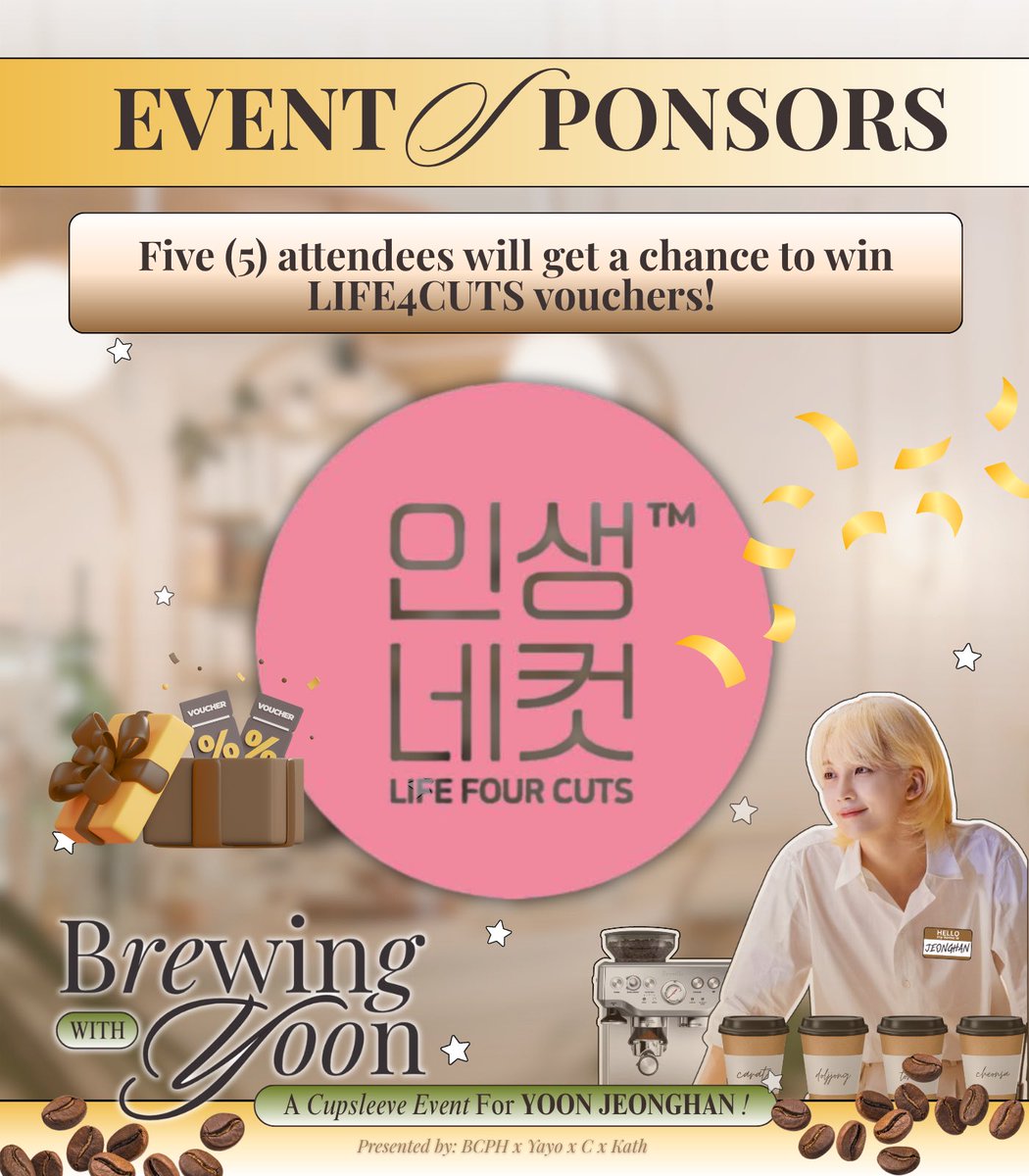 Brewing With Yoon Event Sponsor: Life4Cuts Bicol 🤎

Get ready to strike a pose! 📸

5 lucky attendees will win discount vouchers from Life4Cuts Bicol during Brewing With Yoon! ☕💛

See you there! 😉