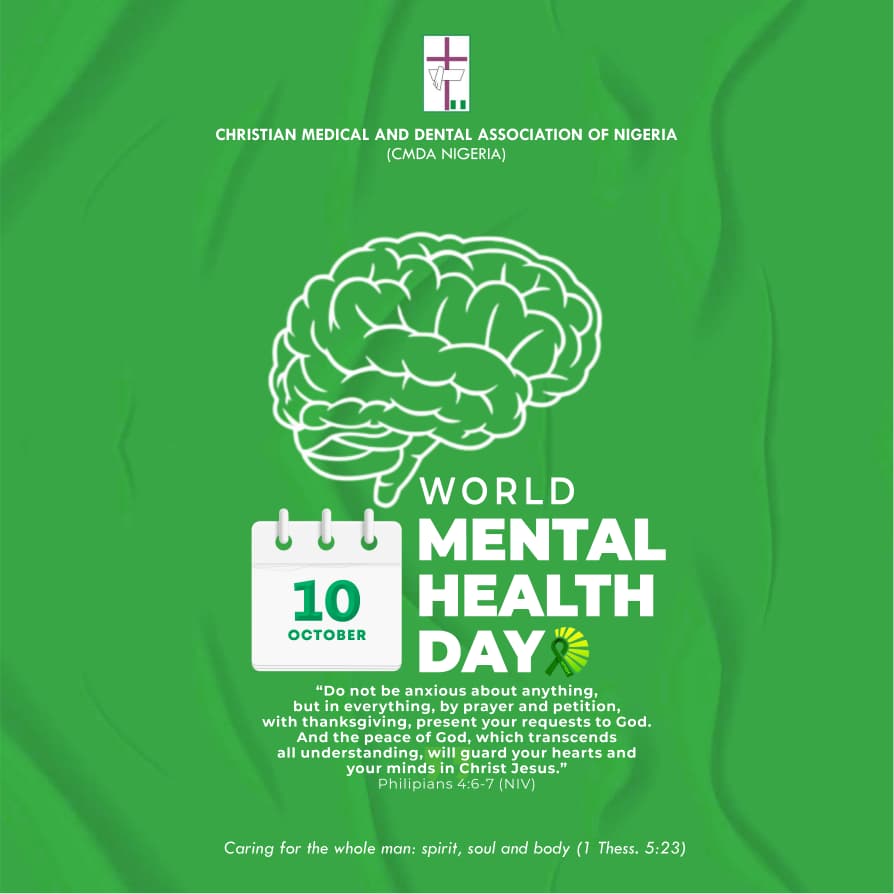 🌍 World Mental Health Day 2025
Stay whole — spirit, soul &amp; body 💚
📌Eat well  📌Stay active  📌Rest  📌Connect  📌Pray
“Do not be anxious about anything…” — Phil. 4:6-7
#CMDANigeria #WorldMentalHealthDay #MedicalJourney
🌐 cmdanigeria.org
<a href="/cmdanigeria/">CMDA Nigeria</a>