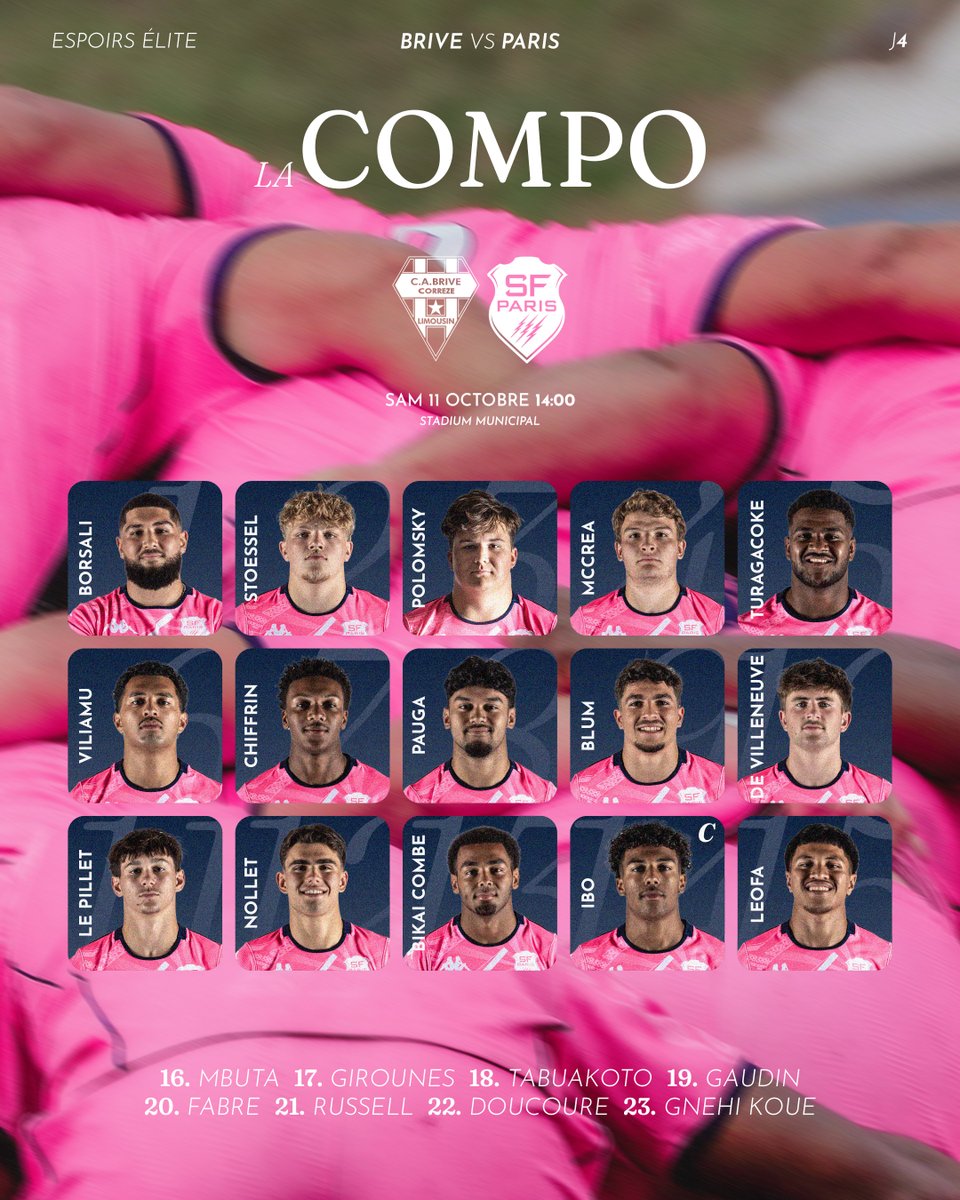 SFParisRugby's tweet photo. 👶 La 𝐜𝐨𝐦𝐩𝐨
Les 2️⃣3️⃣ Espoirs alignés face à Brive, samedi à 14:00 au Stadium 🕗
#SFParis #MadeInSFP https://t.co/f8isjBqSmn