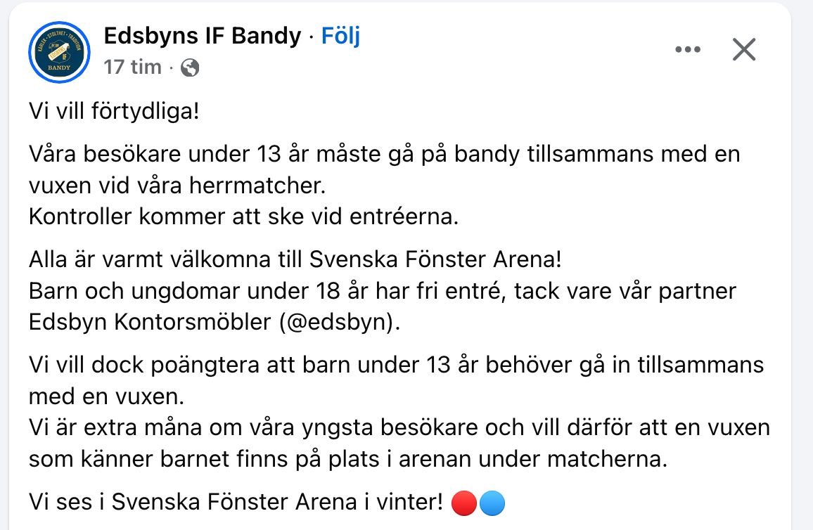 Så dåligt! 

Ska inte en 12-åring, i Edsbyn, få gå på bandy utan en vuxen?

Jag hade med samma regler gått på typ 5 fem matcher innan jag fyllde 13 pga föräldrar med mycket annat att stå i.