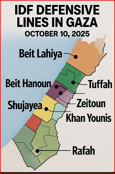 MagicalM237047's tweet image. The IDF is redeploying its forces to predetermined defensive lines along the "yellow line" outlined in the U.S.-brokered ceasefire agreement, which allows Israel to maintain control over approximately 58% of Gaza's territory (about 210 square kilometers). This involves…