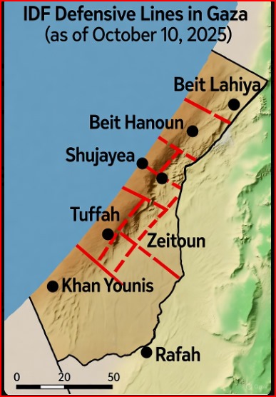 MagicalM237047's tweet image. The IDF is redeploying its forces to predetermined defensive lines along the "yellow line" outlined in the U.S.-brokered ceasefire agreement, which allows Israel to maintain control over approximately 58% of Gaza's territory (about 210 square kilometers). This involves…