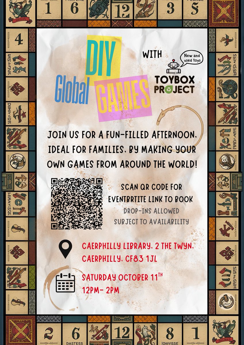 ⚠️ LAST CALL! ⚠️
Last chance to express interest in attending our make your own global board game event tomorrow at the Caerphilly Library!

Please share widely with friends and family who may be interested, and we hope to see you there!

#diygames #localevent #charity #familyfun