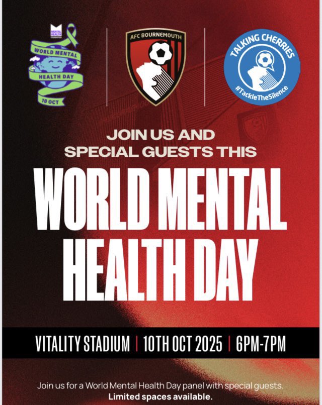 💬🍒TalkingCherries💡 (@cherriestalking) on Twitter photo This evening a wonderful event will take place at <a href="/afcbournemouth/">AFC Bournemouth 🍒</a> where many members of the #afcb fan community will be present. Listening and discussing #mentalhealth and well-being on #WorldMentalHealthDay with amazing people. Thanks everyone. #talkingcherries #tacklethesilence This evening a wonderful event will take place at <a href="/afcbournemouth/">AFC Bournemouth 🍒</a> where many members of the #afcb fan community will be present. Listening and discussing #mentalhealth and well-being on #WorldMentalHealthDay with amazing people. Thanks everyone. #talkingcherries #tacklethesilence